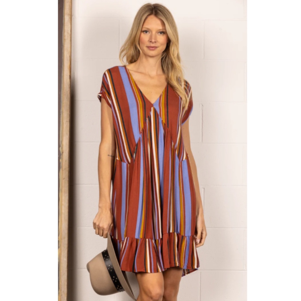 "The Harlow" Rust Striped V-neck Mini Dress
